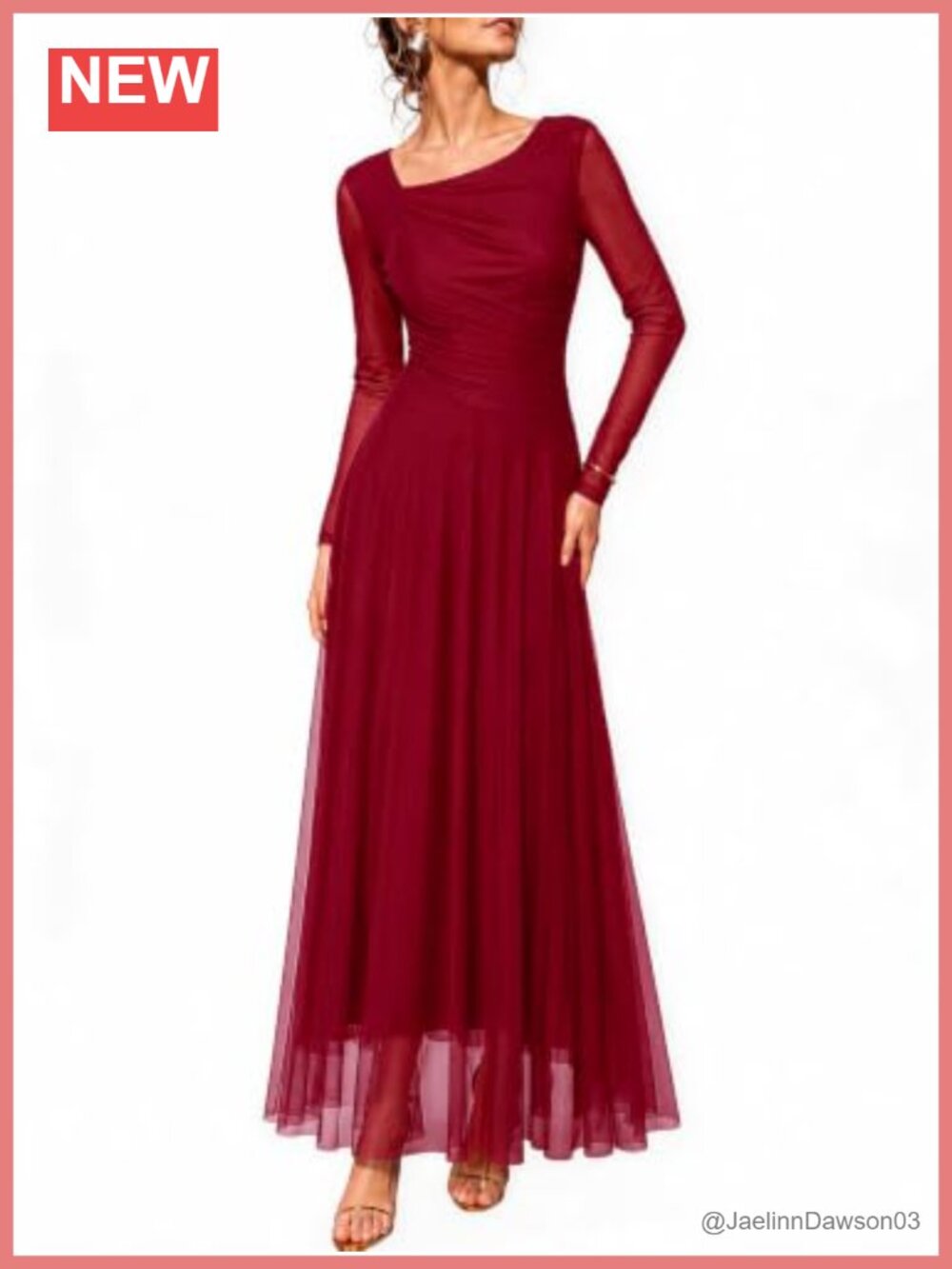 Long Sleeve Mesh Formal Maxi Dress Ruched Waist A-Line Wedding Guest